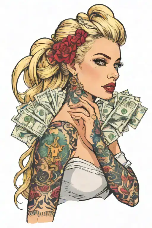 Hot Blonde Woman With A Tattoo On Her Right Arm And Money