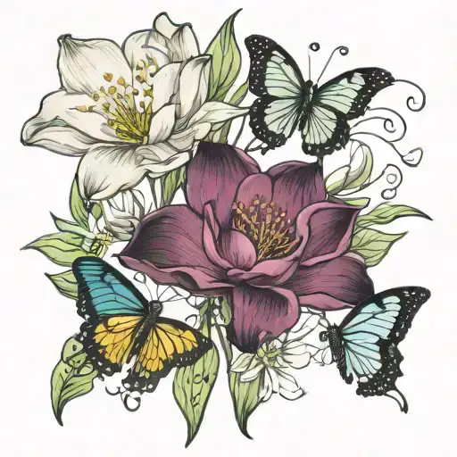 Sweet Pea Flowers And Water Lily Birth Flower With Two Butterflies
