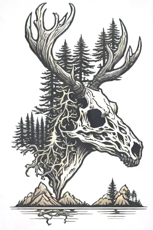 Deer Skull With Pines Trees And Mountains In The Background