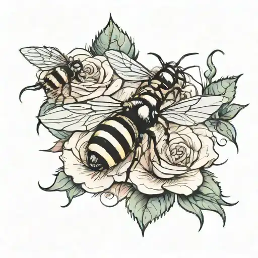 Rose And Two Bees Flying
