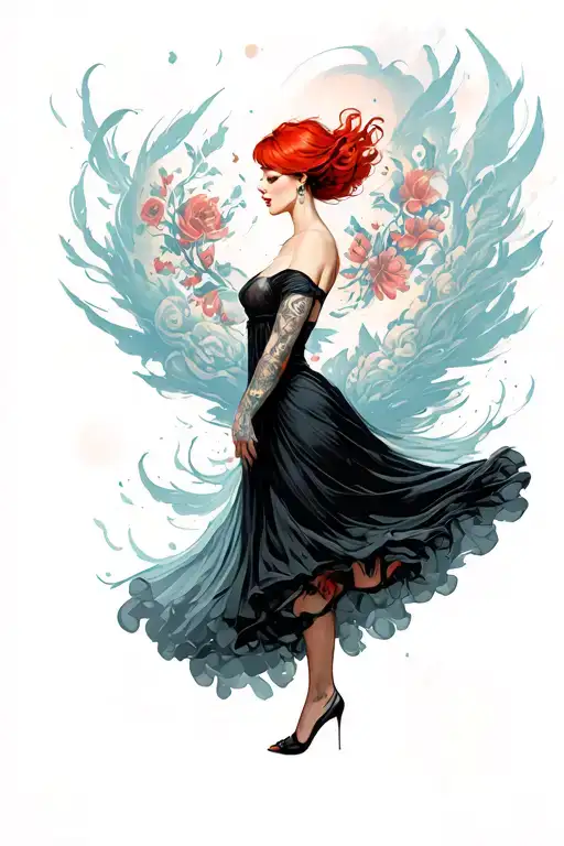 Red Short Hair Woman With Black Dress Flying