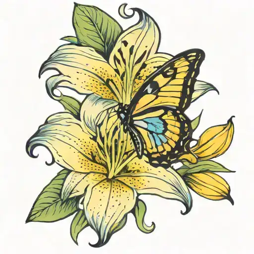 Yellow Lily Flower With Blue Butterfly