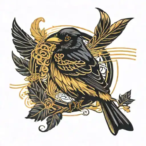 Black Bird With Golden Feathers And Black Lines