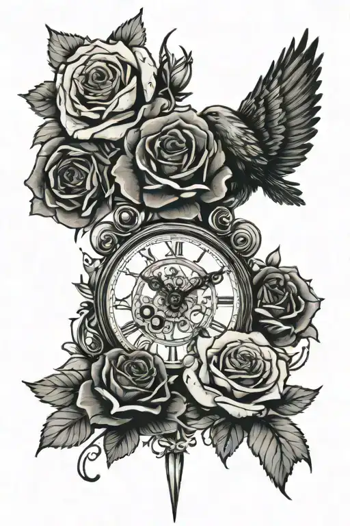 Rose And Clock Face And Flowers And Bird And Angel And Wolf And Cards