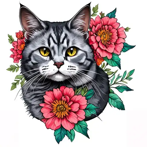 Tattoo With A Scottish Vislowe Cat Of Gray Color With Flowers