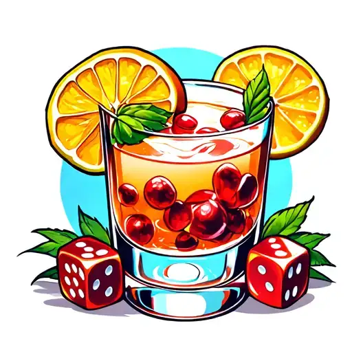 Dice Rolling With A Cocktail Glass Behind It