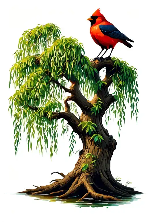 Weeping Willow Tree With Crow Perched And A Red Cardinal