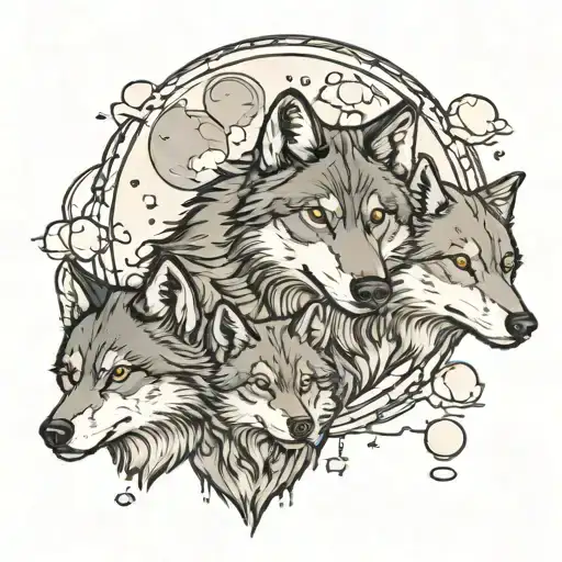 Two Adult Wolf Faces In A Full Moon Watching Over Three Pups
