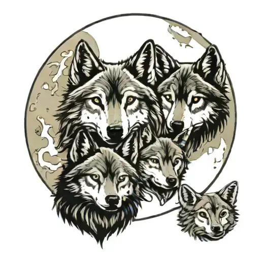 Two Adult Wolf Faces In A Full Moon Watching Over Three Pups