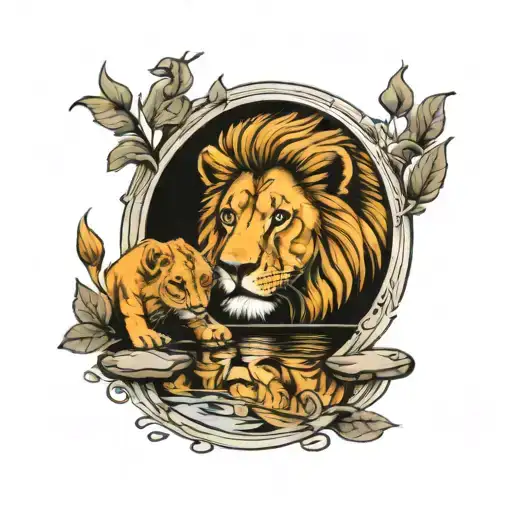 Lion Looking At Young Self As A Cub Through River Reflection
