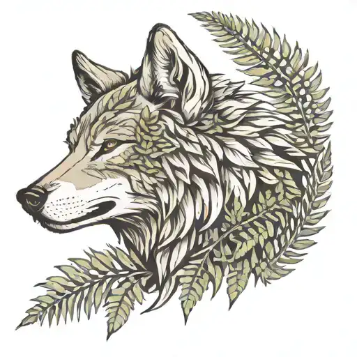 Wolf Head Facing Sideways With Ferns Sprouting