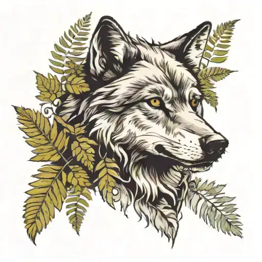 Wolf Head Facing Sideways With Ferns Sprouting Around It