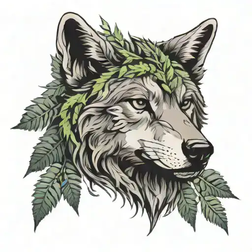 Wolf Head Facing Sideways With Ferns Sprouting Around It