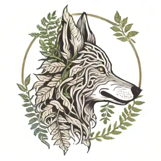 Wolf Head Facing Sideways With Ferns Sprouting Around It