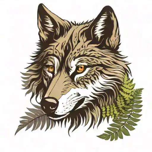 Wolf Head Facing Sideways With Ferns Sprouting Around It