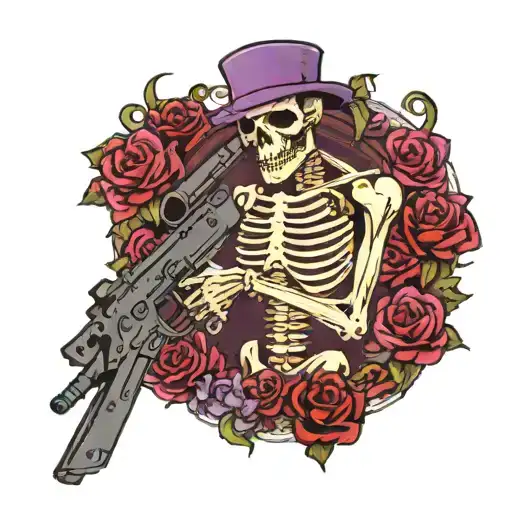 Skeleton With Purple Hair Holding Firearm Standing