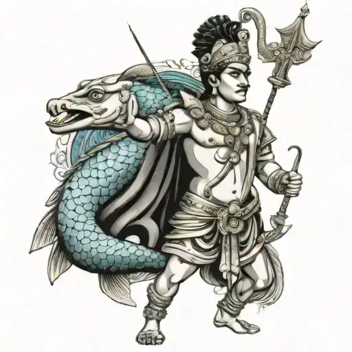 Lord Arjuna Pointing An Arrow At A Fish