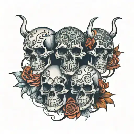 3 Evil Different Coloured Skulls Round Arm