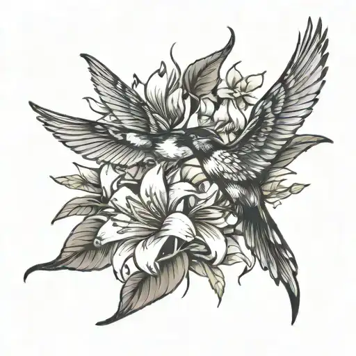Black Grey Tattoo With Life Tree Three Swallows One Lilium Flower And One Bee