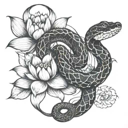 Snake And Lotus Flower Blooming
