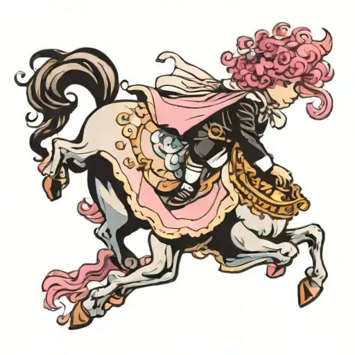 Boy In Lolita Fashion Riding A Horse With Curly Pink Mane
