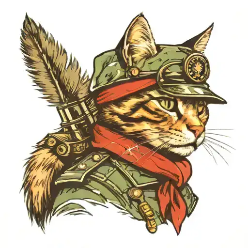 Cat In Military Uniform Against The Background Of The Forest