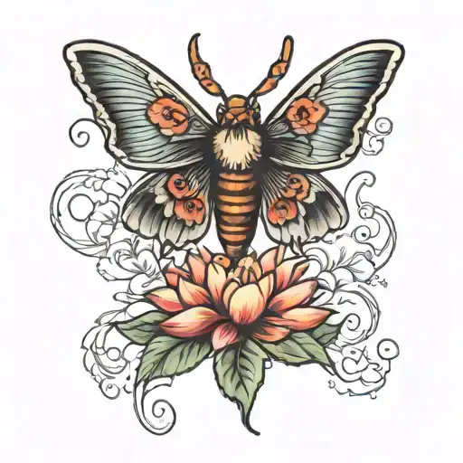 Death Moth Tattoo With Lotus Flowers