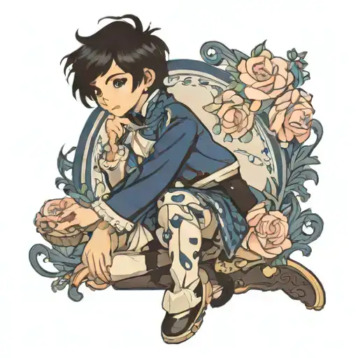 Boy With Black Hair And Dark Blue Eyes Kneeling In Lolita Fashion