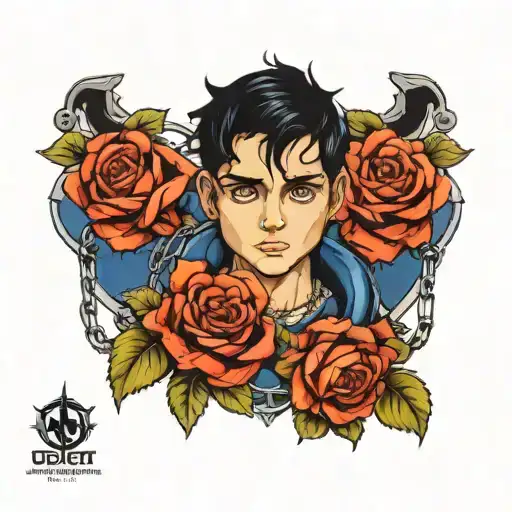 Boy With Black Hair And Dark Blue Eyes With Chains And Roses