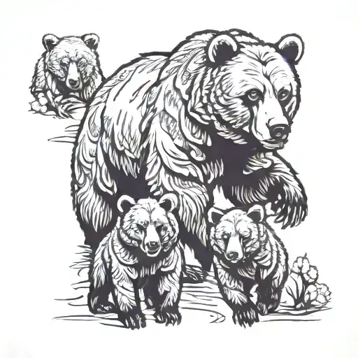Grizzly Bear With Cubs
