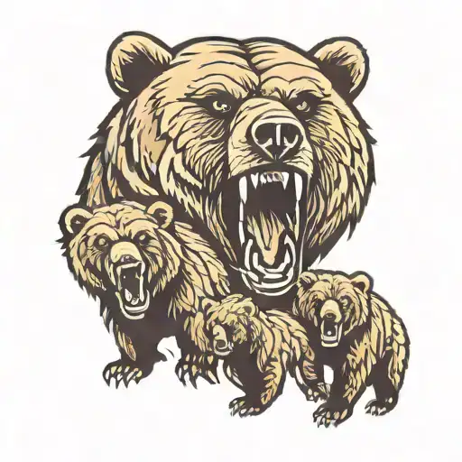 Angry Grizzly Bear With Cubs