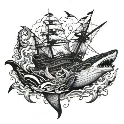 Sunken Pirate Ship With A Kraken And A Great White Shark And An Orca Fighting