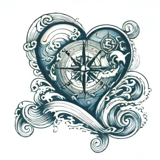 A Heart In Shape Of A Letter B In Sea Waves And Compass And Map