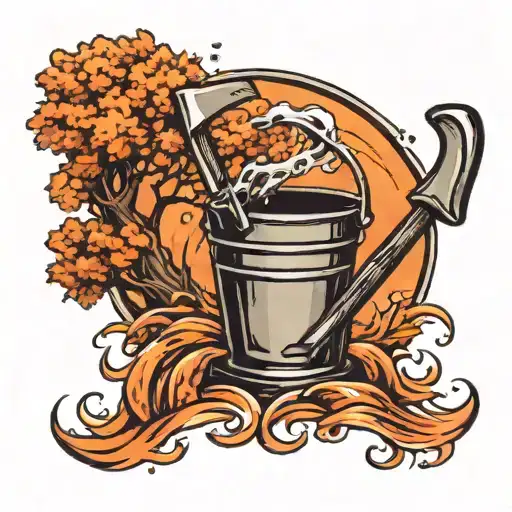 Axe With Trees Next To A Bucket With Water Waves