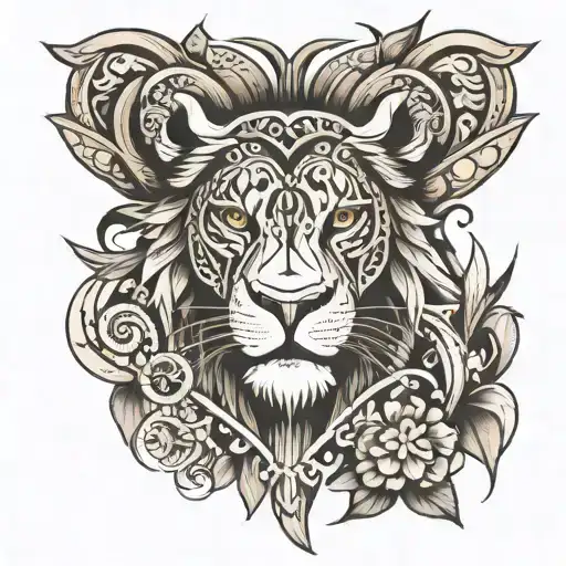 Polynesian Sleeve Tattoo Featuring A Lions Head And Christian Crosses