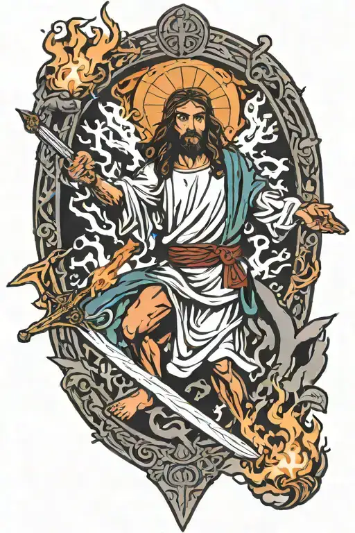 Jesus Christ In Battle Plate Wielding A Flaming Sword