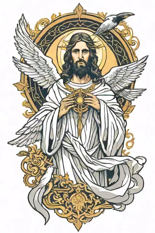 Jesus Christ With White Robes With A Golden Crow And A Halo Of Light
