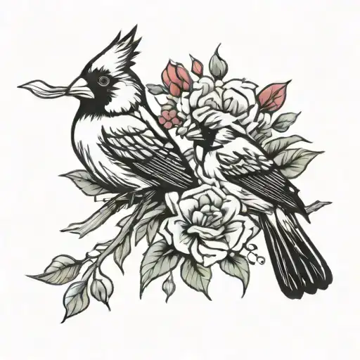 Flowers And Cardinal Sitting