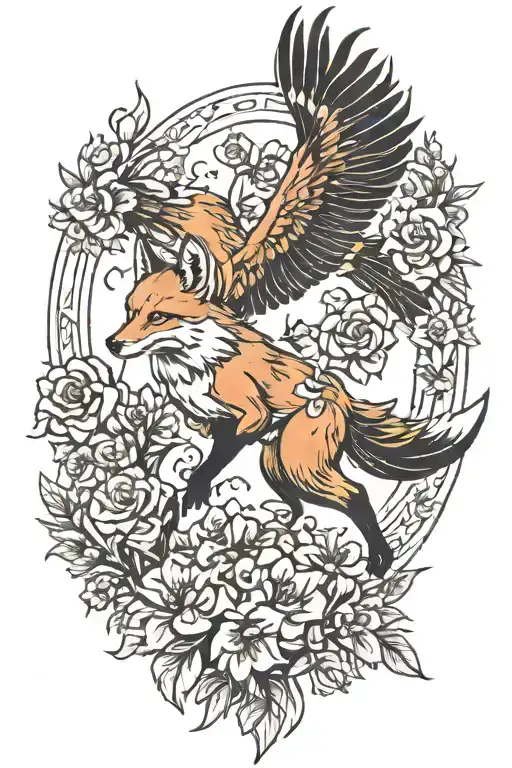 One Fox Jumping A Raven And Flowers