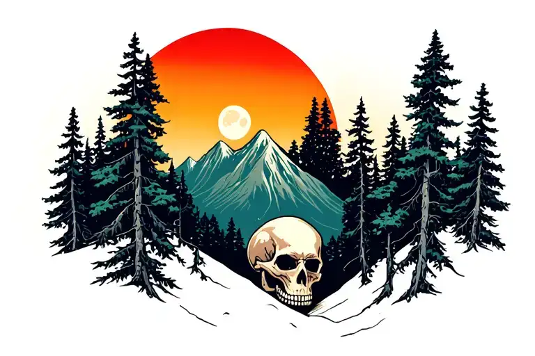 Mountian Forest With Skull Moon Rising