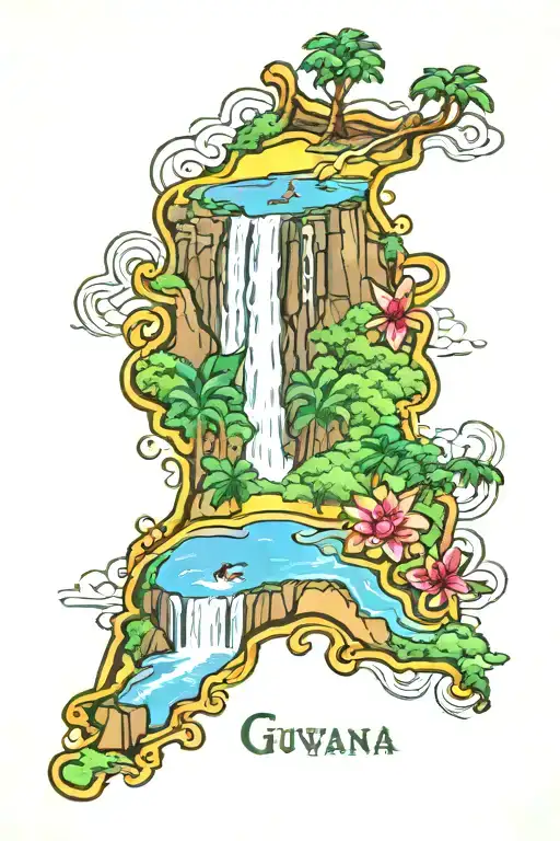 Guyana Map With Kaieteur Waterfall Flowing