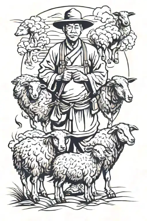 Chinese Farmer With Black Sheep