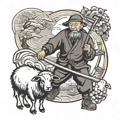 Chinese Farmer With A Scythe And Black Sheep