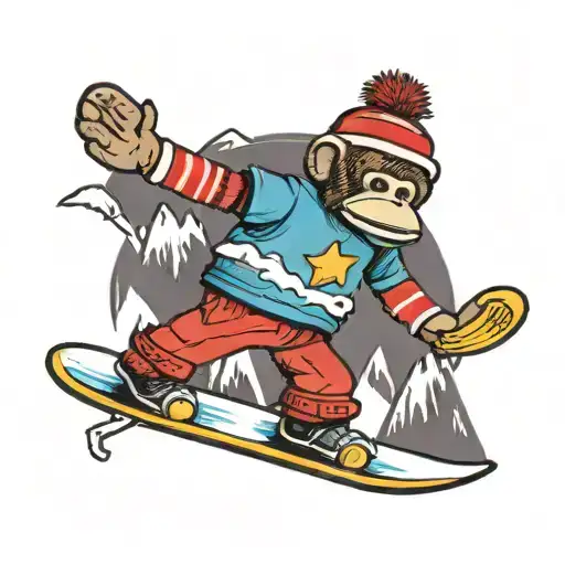 Sock Monkey Riding A Snowboard Down A Mountain