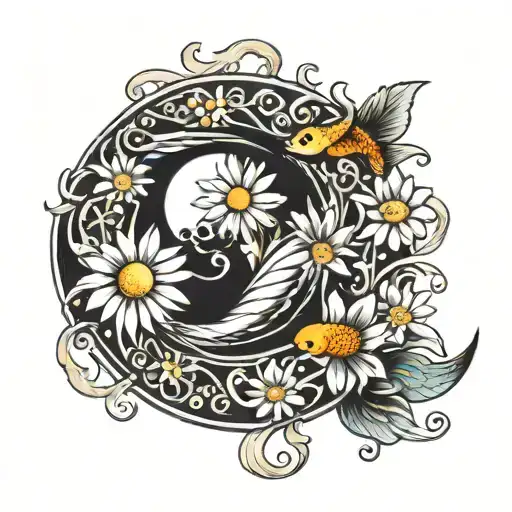 Daisy Flower With Koi Fish Yin Yang