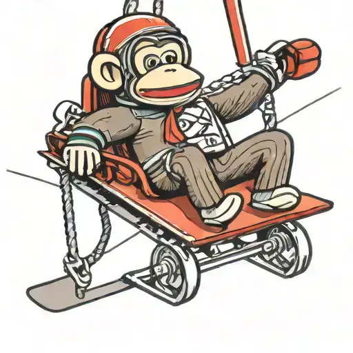 A Sock Monkey On A Ski Lift With A Snowboard