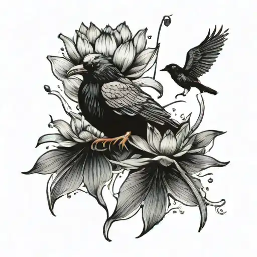 Realistic Lotus Flower Submerged In A Pond And A Raven Bird Flyimg Over It