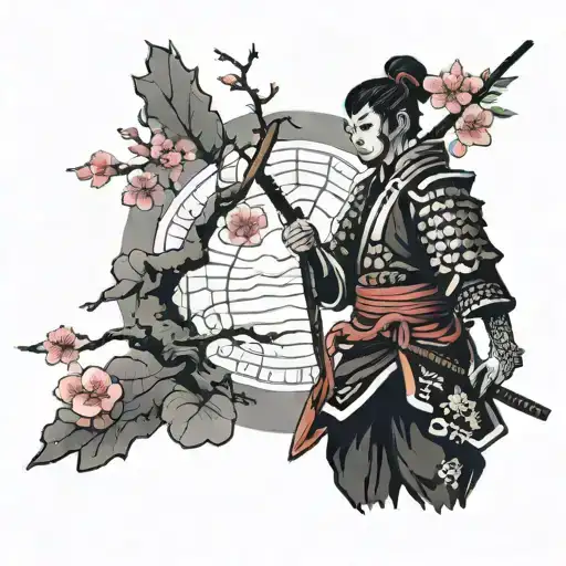Samurai And Sakura Tree