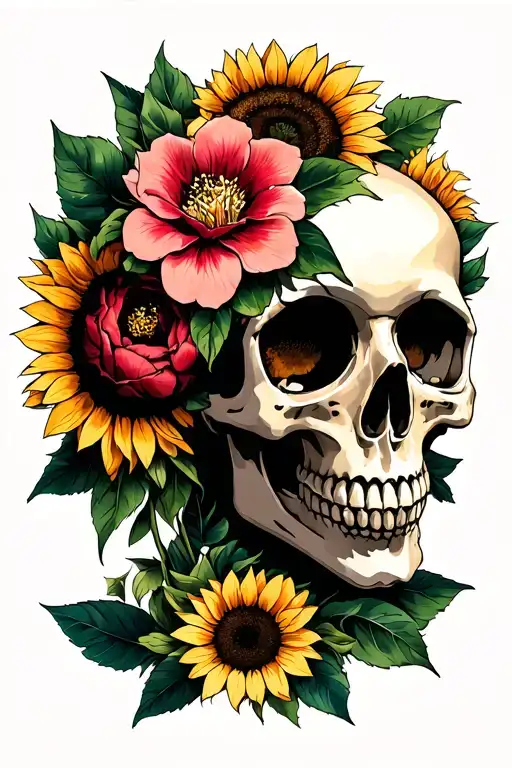 Nana Skull And Camellia And Sunflowers Intertwined