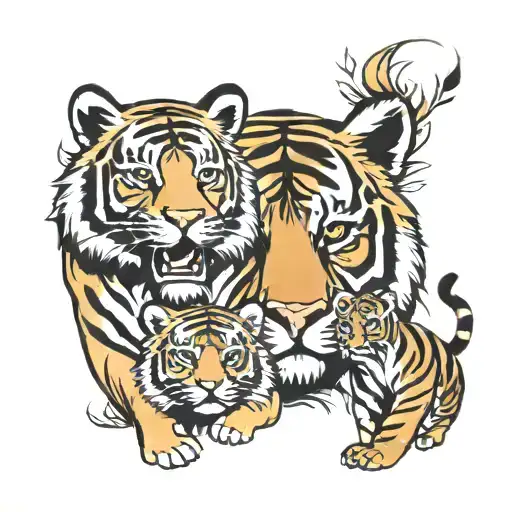 Mom Tiger And 2 Cubs